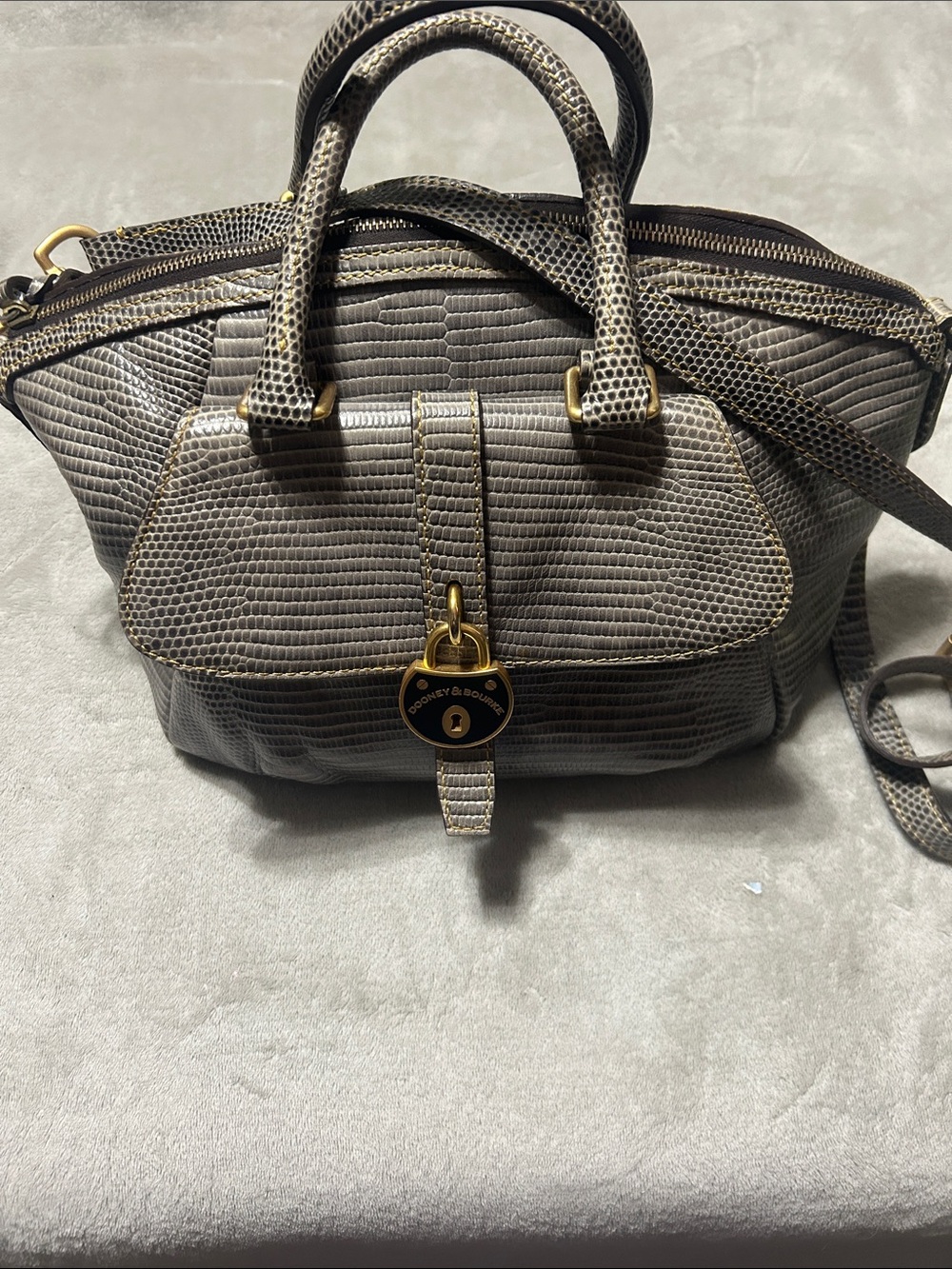 Dooney & Bourke Gray Lizard-Embossed Satchel with Gold Hardware